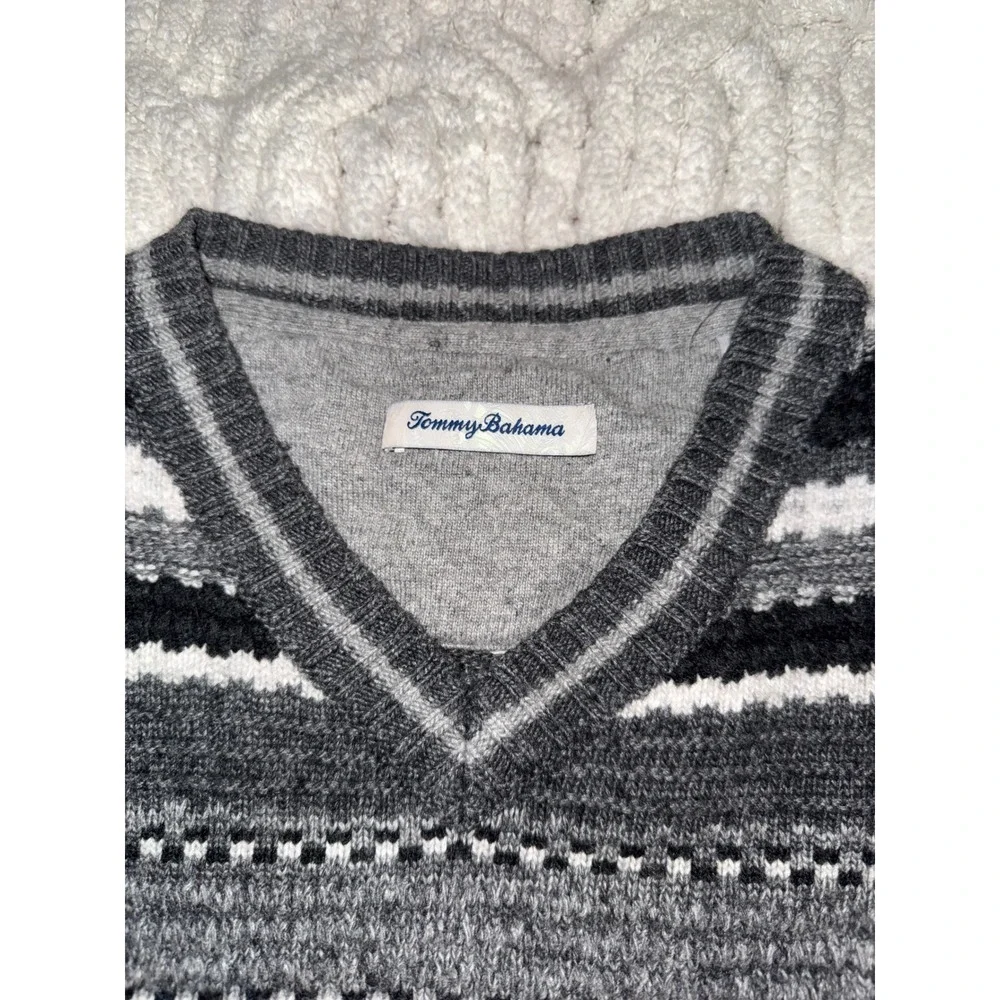 Tommy Bahama Mens Grey Striped V-Neck Lambswool Cashmere Blend Sweater Large